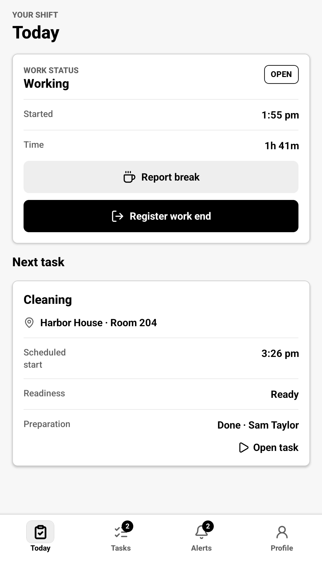 The Contractor app Today screen showing shift time, a cleaning assignment and work controls.